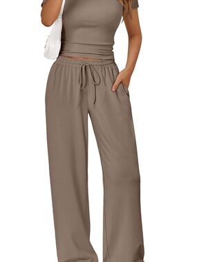 Relaxed Wide-Leg Drawstring Pants — Taupe